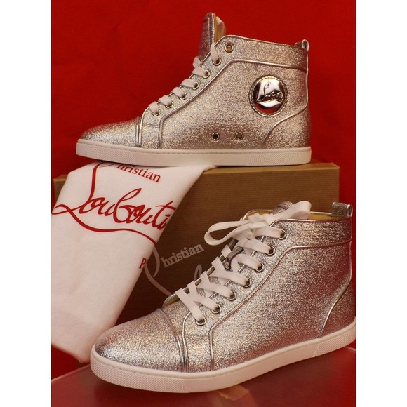 NIB LOUBOUTIN BIP BIP SILVER ORLATO FLAT LUREX LEATHER HI TOP SNEAKERS 39.5 - Picture 1 of 12